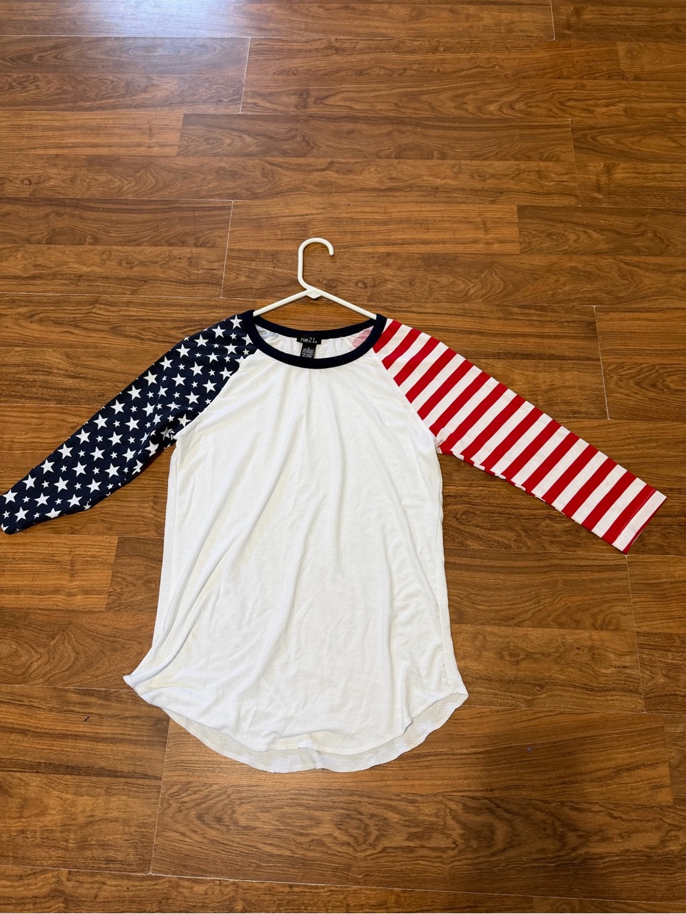 Rue21 White Raglan Tee with Red Stripes & Blue Star Sleeve